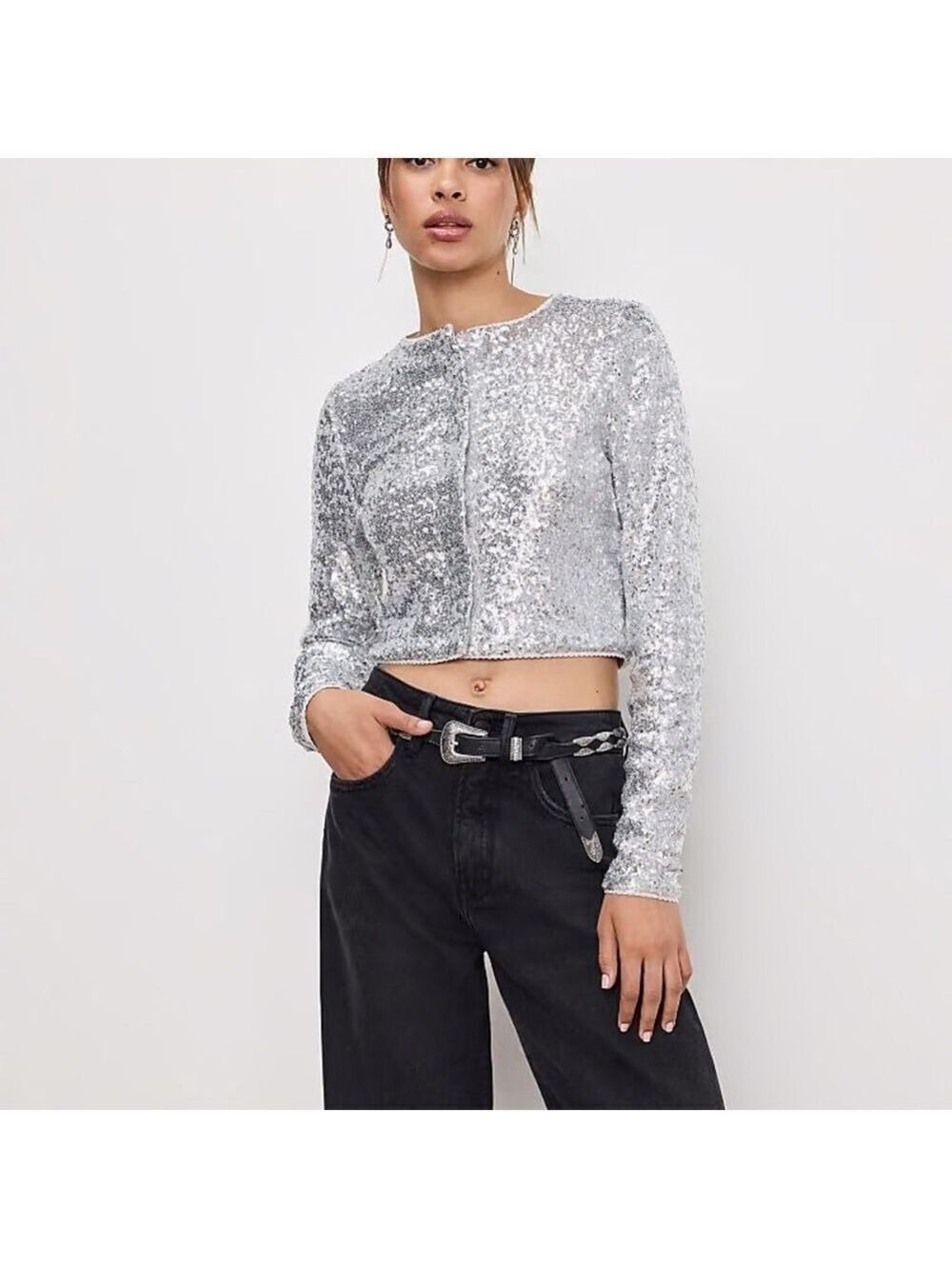 Good American Silver Sequin Cardigan Crop Top